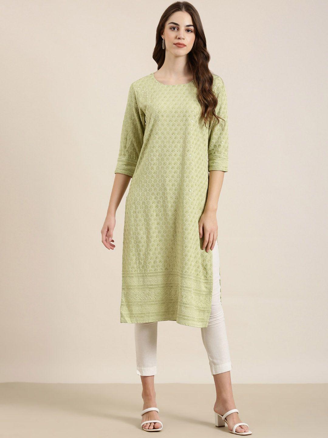 showoff floral embroidered sequinned cotton straight kurta