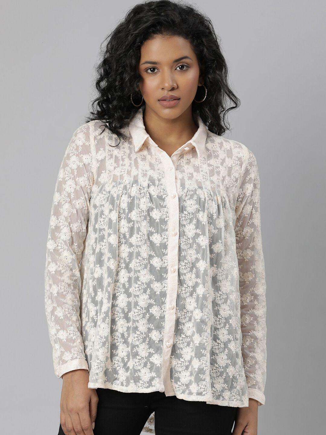 showoff floral embroidered shirt collar semi sheer shirt style top