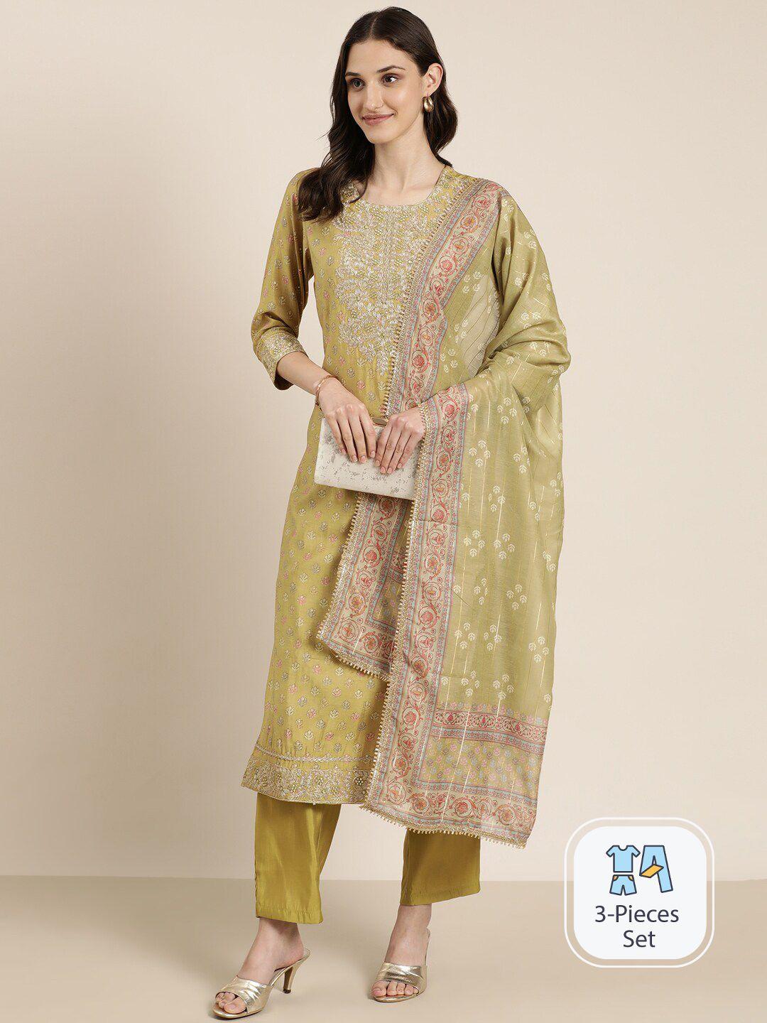 showoff floral embroidered thread work straight kurta with trousers & dupatta