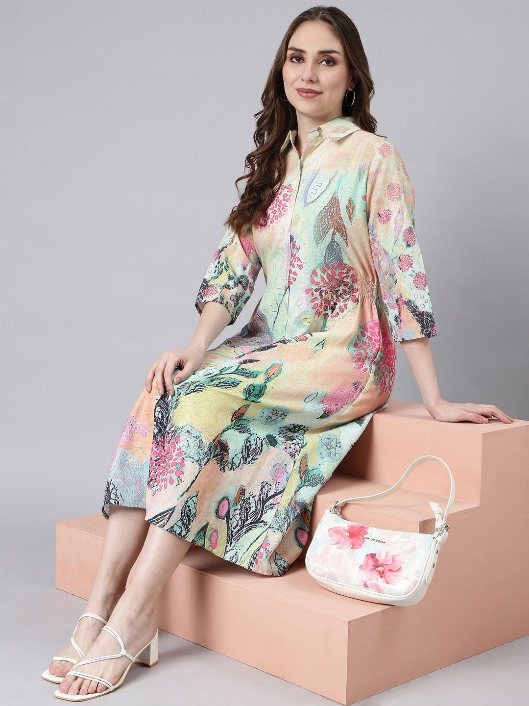 showoff floral print cotton shirt collar three-quarter sleeves dry clean a-line midi dress