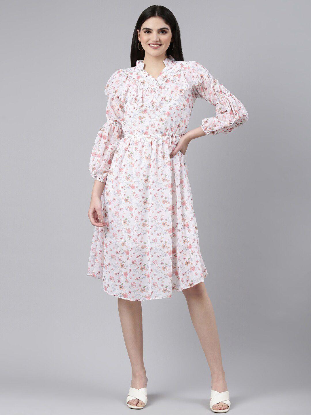 showoff floral print mandarin collar ruffled fit & flare dress