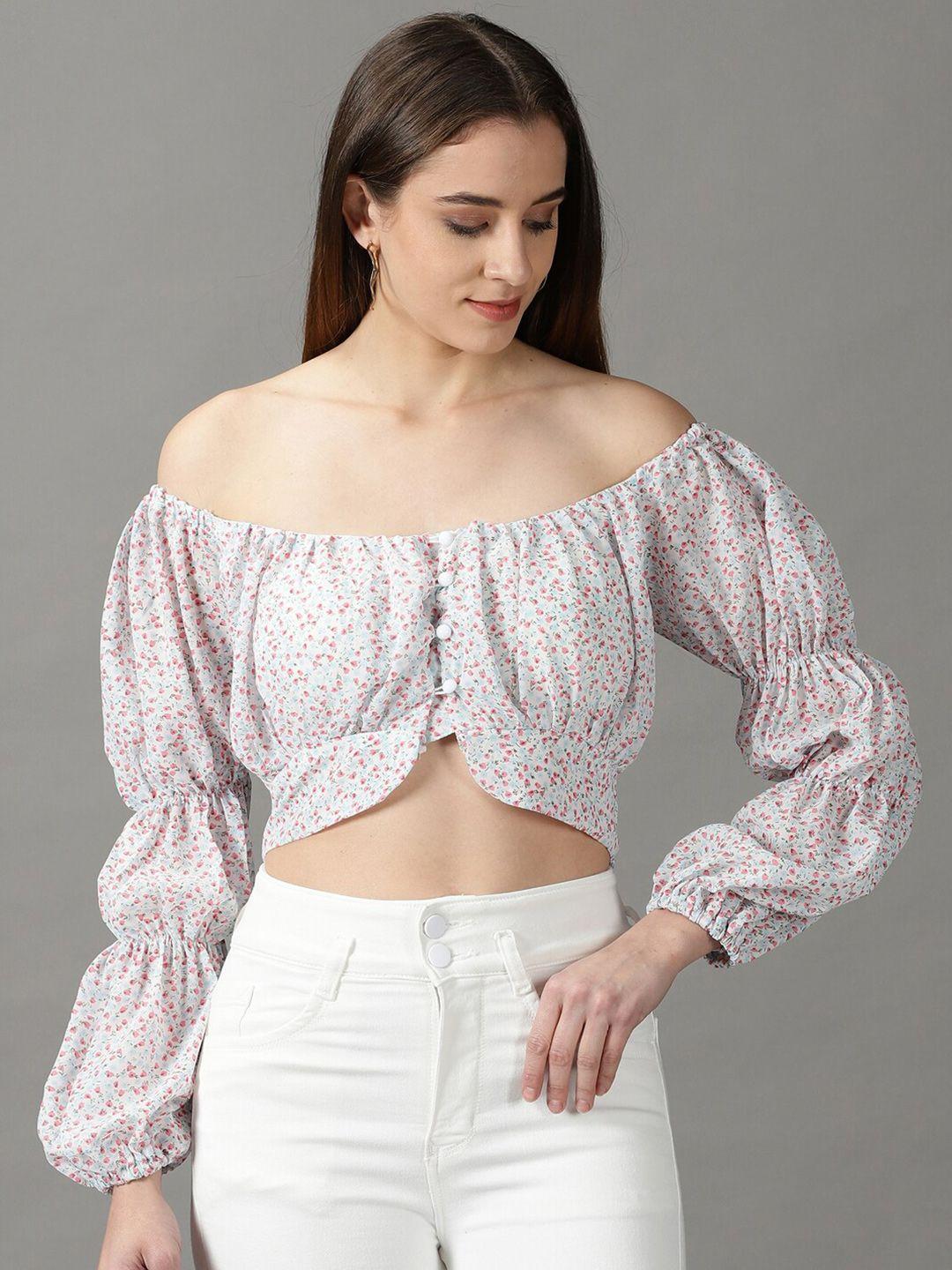 showoff floral print off-shoulder chiffon bardot crop top