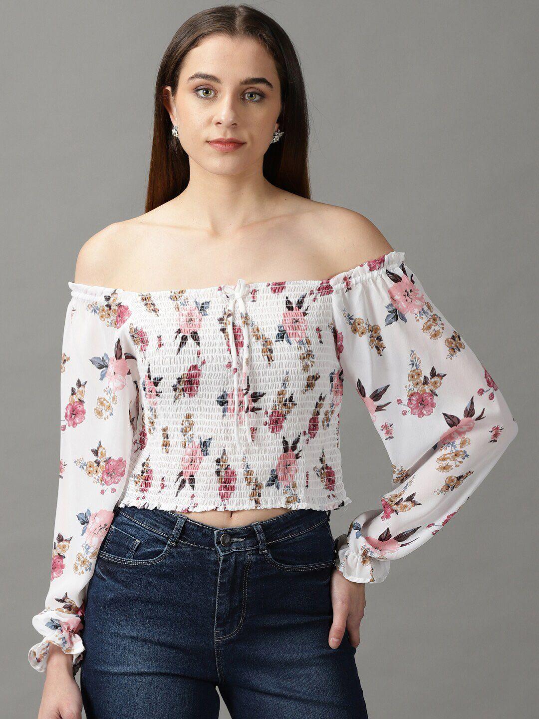 showoff floral print off-shoulder chiffon crop top