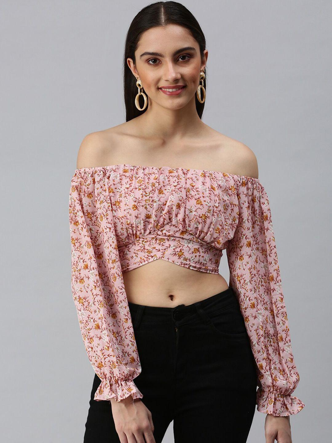 showoff floral print off-shoulder puff sleeve georgette bardot top