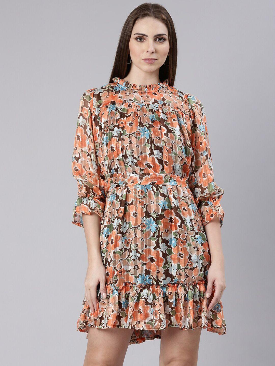 showoff floral print puff sleeve tie up georgette a-line dress