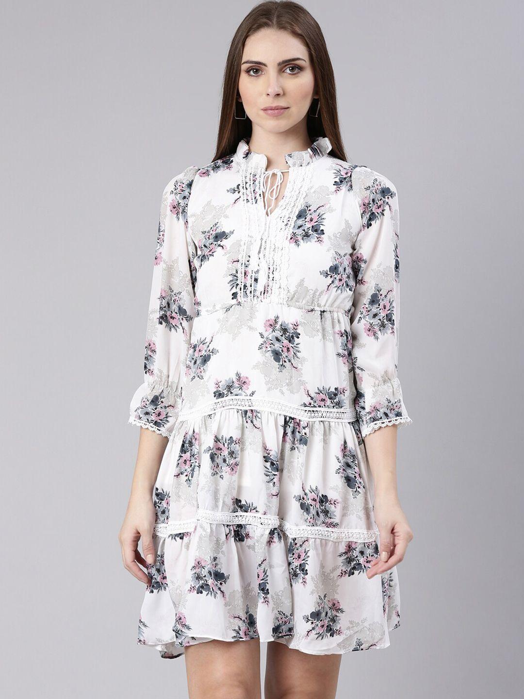 showoff floral print tie-up neck puff sleeve fit & flare dress