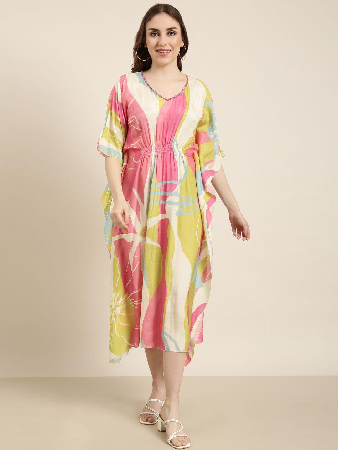 showoff floral print v-neck flared sleeves kaftan midi dress