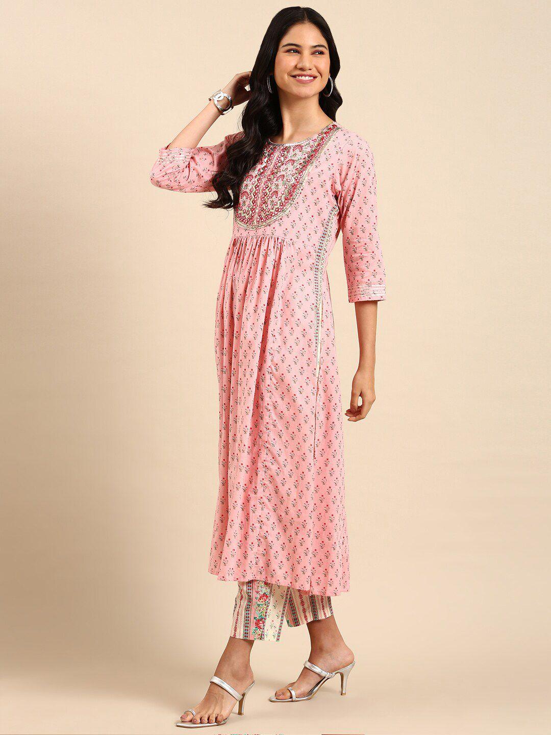 showoff floral printed a-line mirror work kurta with trousers & dupatta