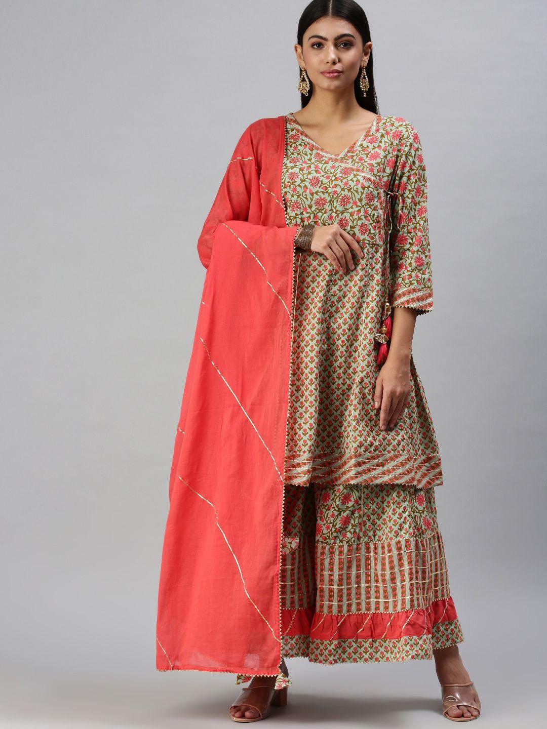 showoff floral printed angrakha gotta patti a-line kurta with palazzos & dupatta