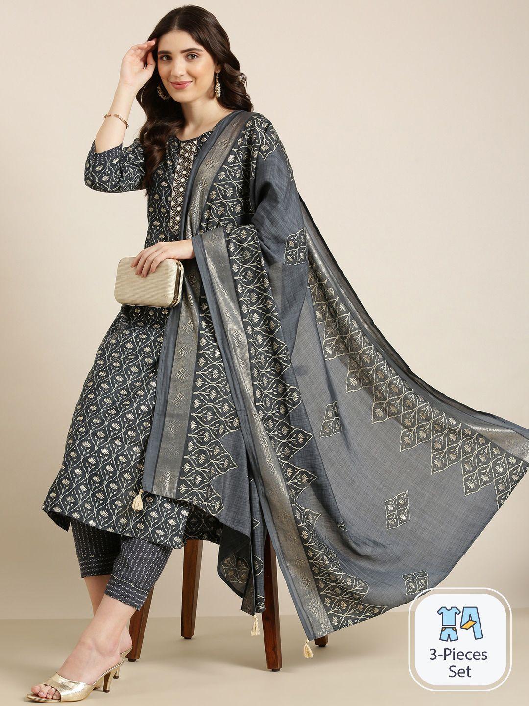 showoff floral printed beads & stones straight kurta & trousers with dupatta