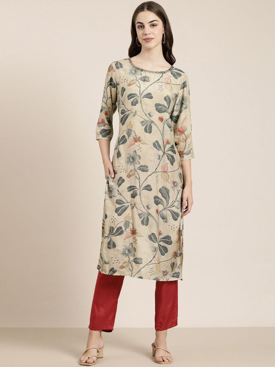showoff floral printed beads & stones straight kurta with trousers