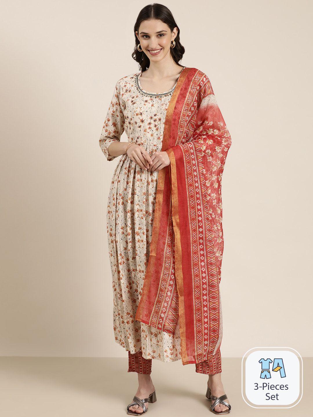 showoff floral printed beads and stones anarkali kurta with trousers & with dupatta