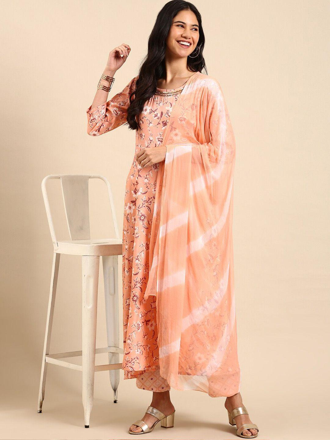 showoff floral printed beads and stones foil a-line kurta with trousers & dupatta