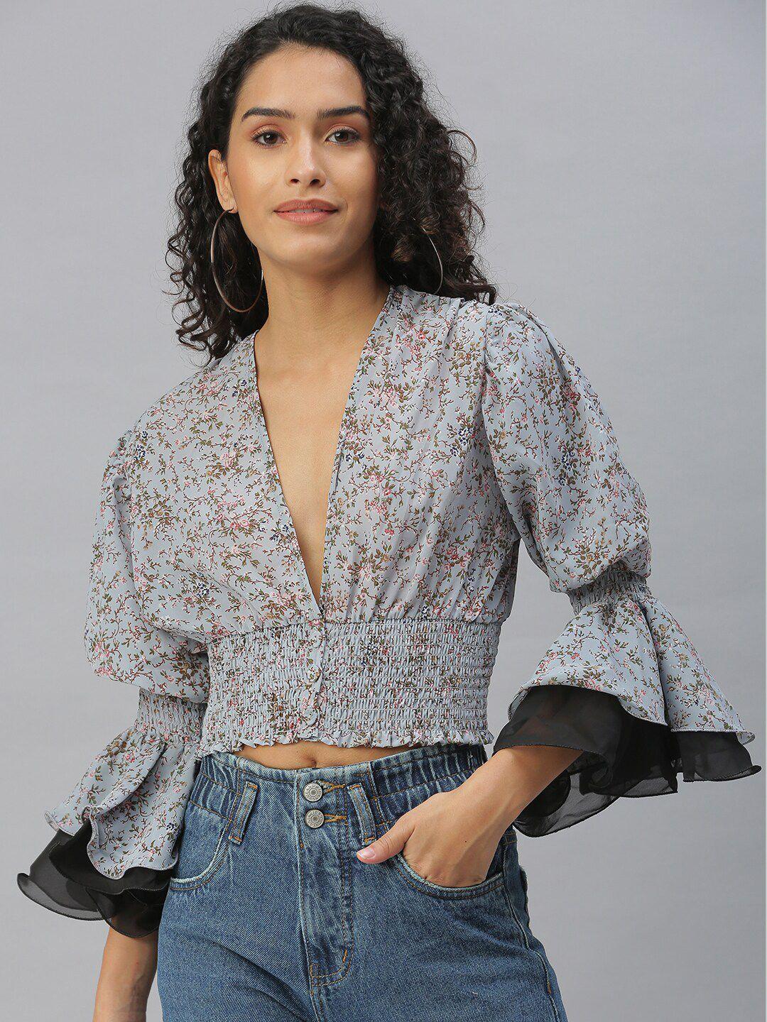 showoff floral printed bell sleeves cinched waist crop top