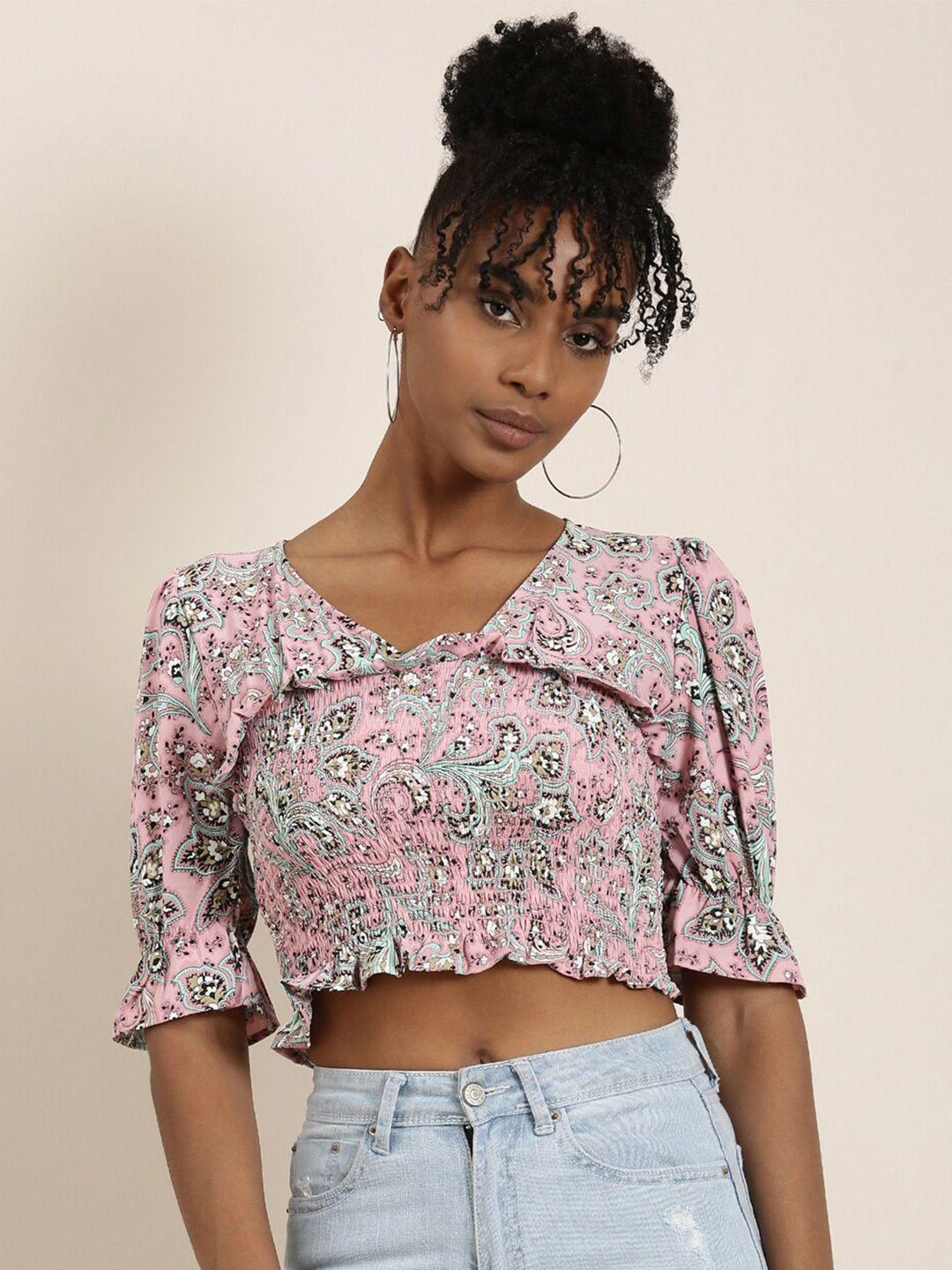 showoff floral printed bell sleeves smocked crop top