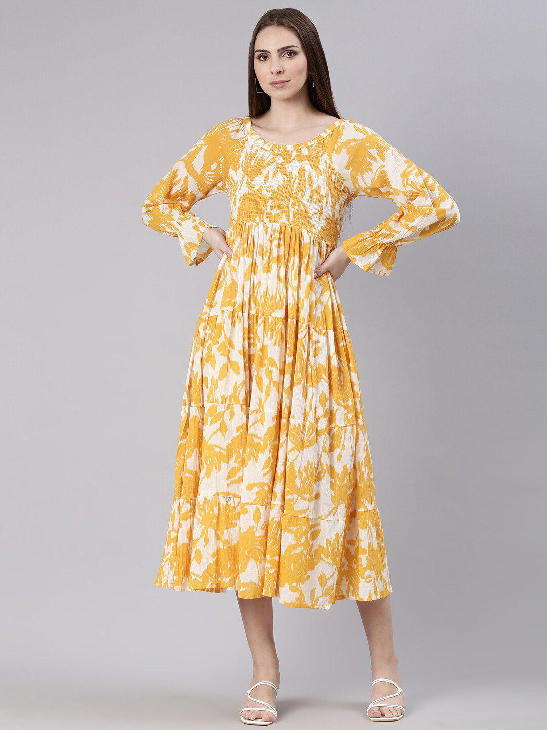 showoff floral printed bell sleeves smocked fit and flare midi dress