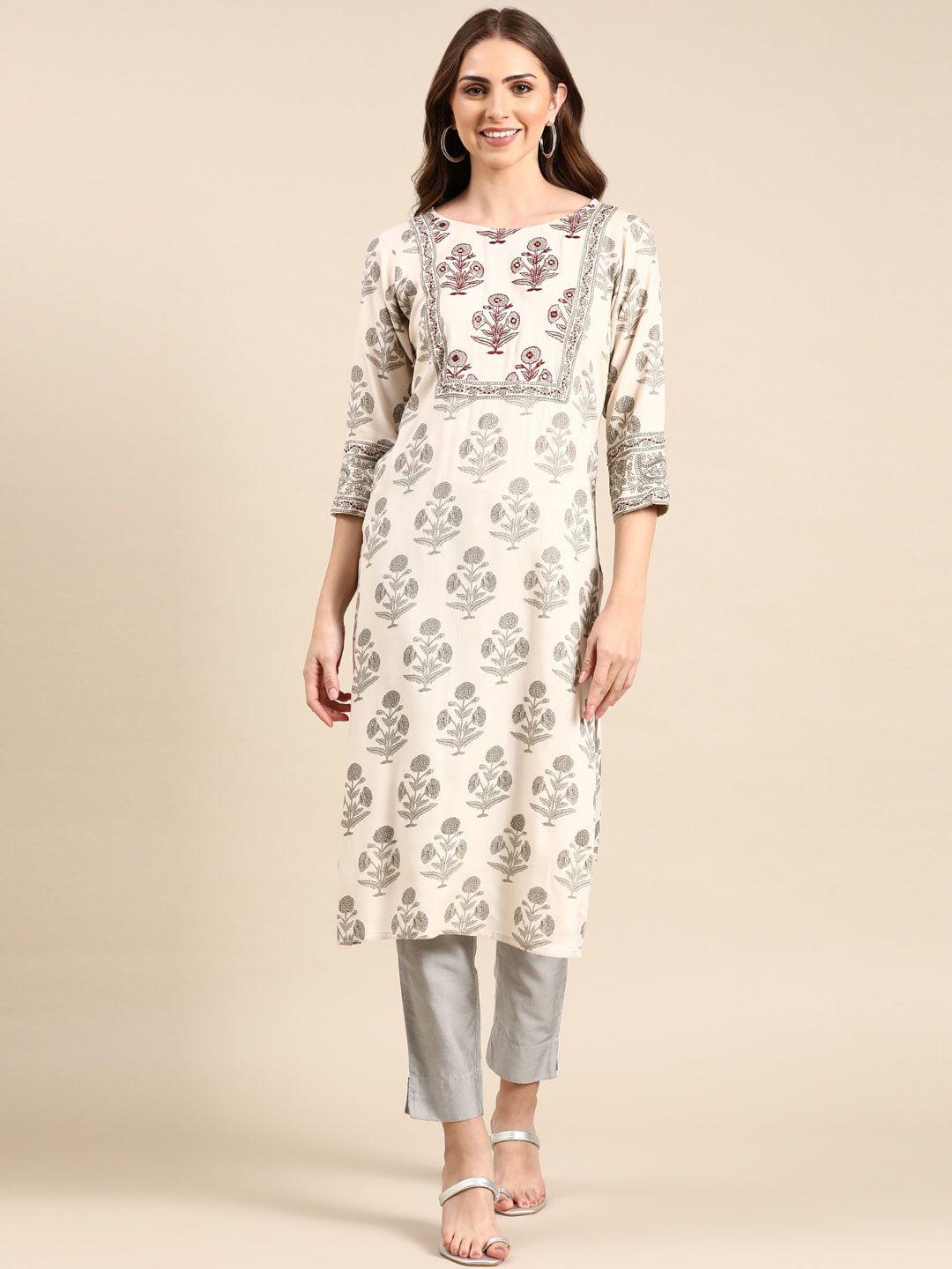 showoff floral printed boat neck mirror work kurta