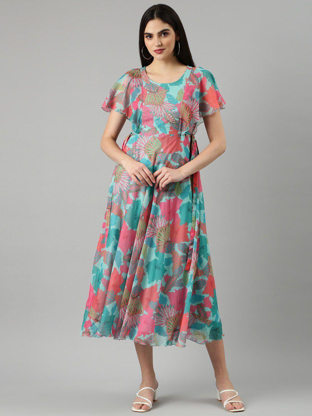 showoff floral printed chiffon flared sleeves with sequinned embellished a-line dress