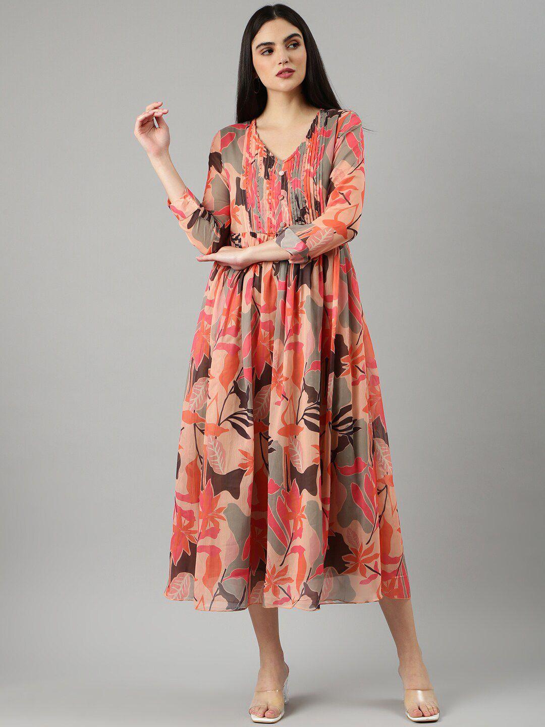 showoff floral printed cotton fit & flare midi dress