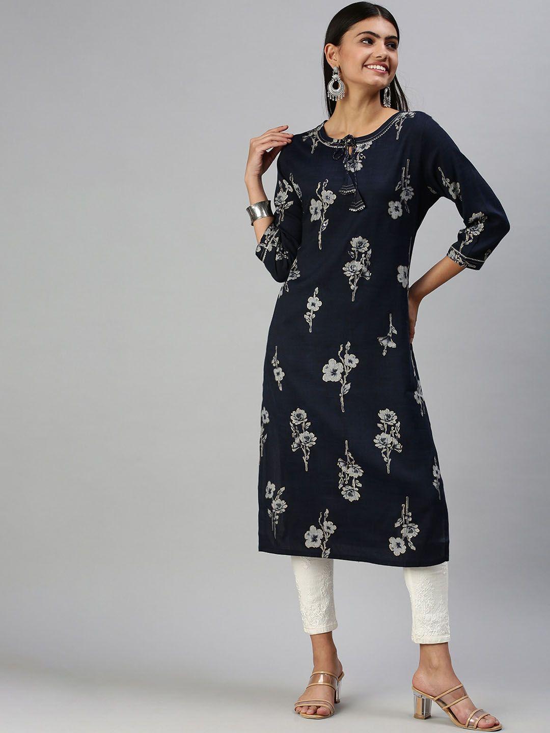 showoff floral printed cotton foil print tie-up neck straight kurta