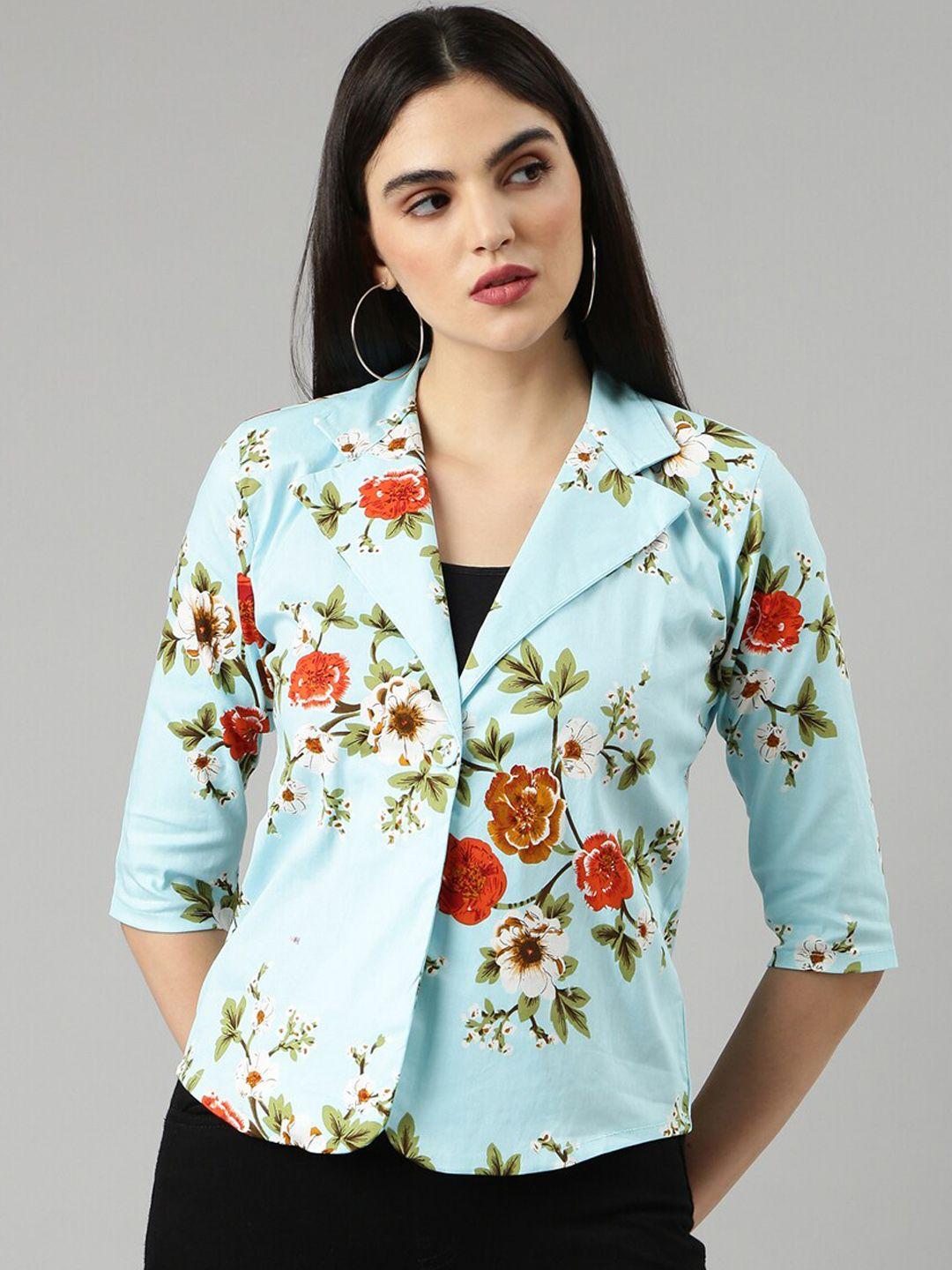 showoff floral printed cotton slim fit single-breasted casual blazer