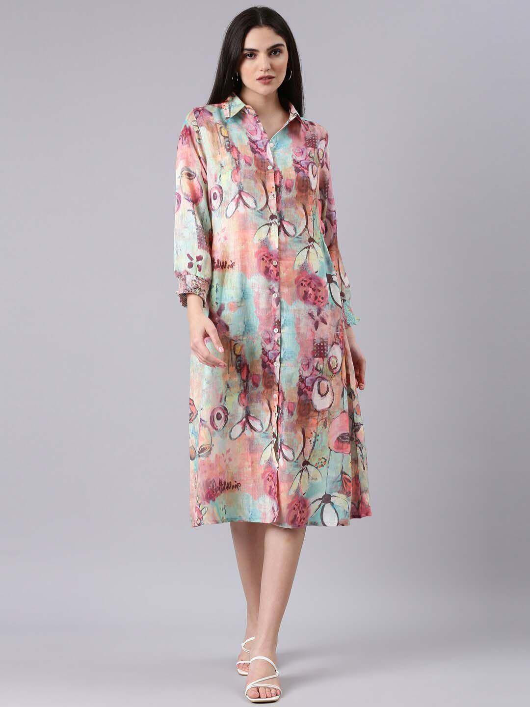 showoff floral printed cuffed sleeves midi shirt dress