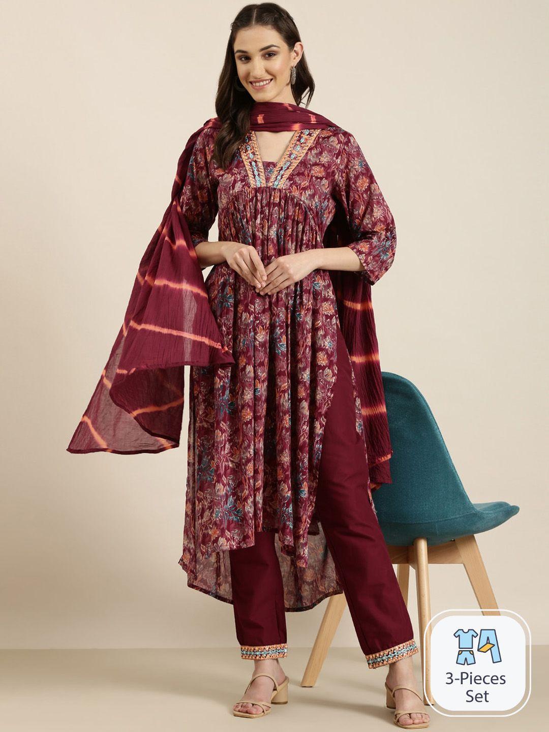 showoff floral printed empire kurta with trousers & dupatta