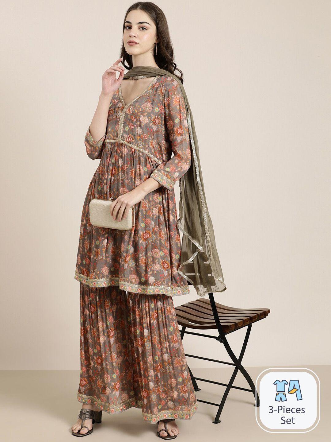 showoff floral printed empire sequinned a-line kurta with sharara & dupatta