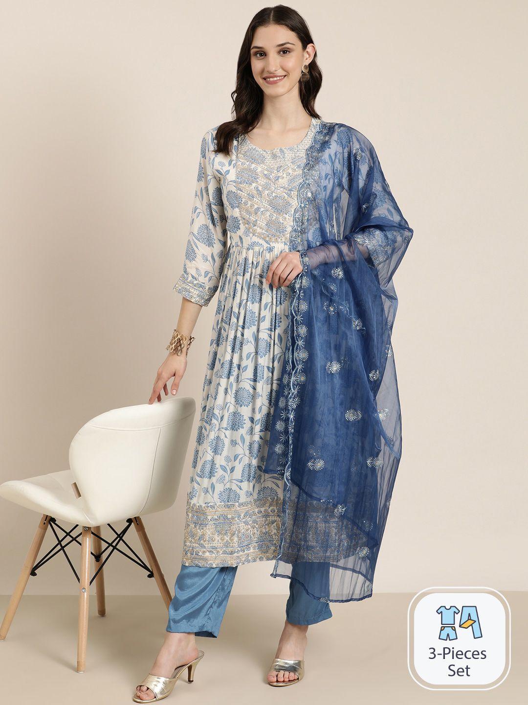 showoff floral printed empire thread work kurta with trousers & dupatta