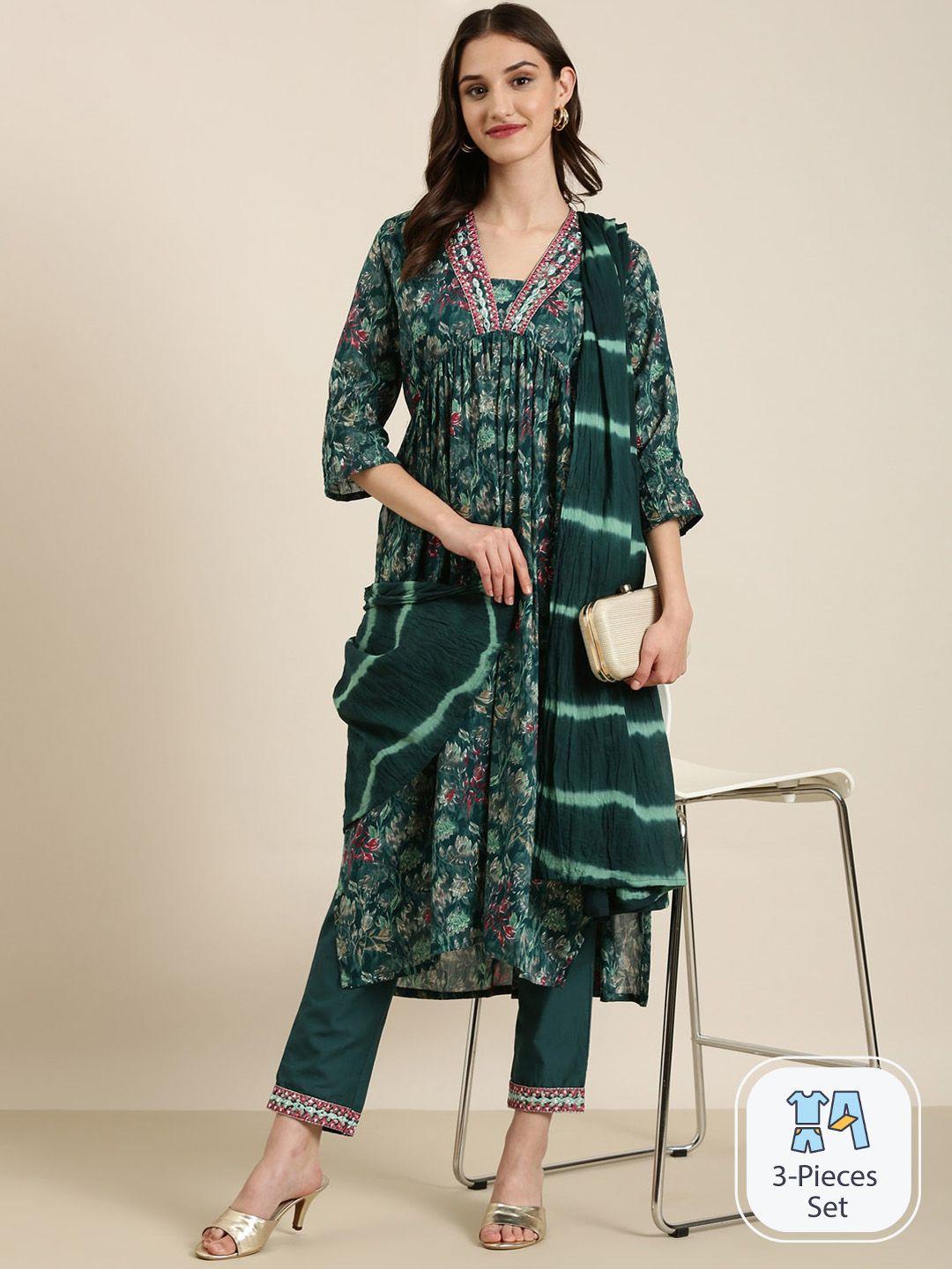 showoff floral printed empire thread work kurta with trousers & dupatta