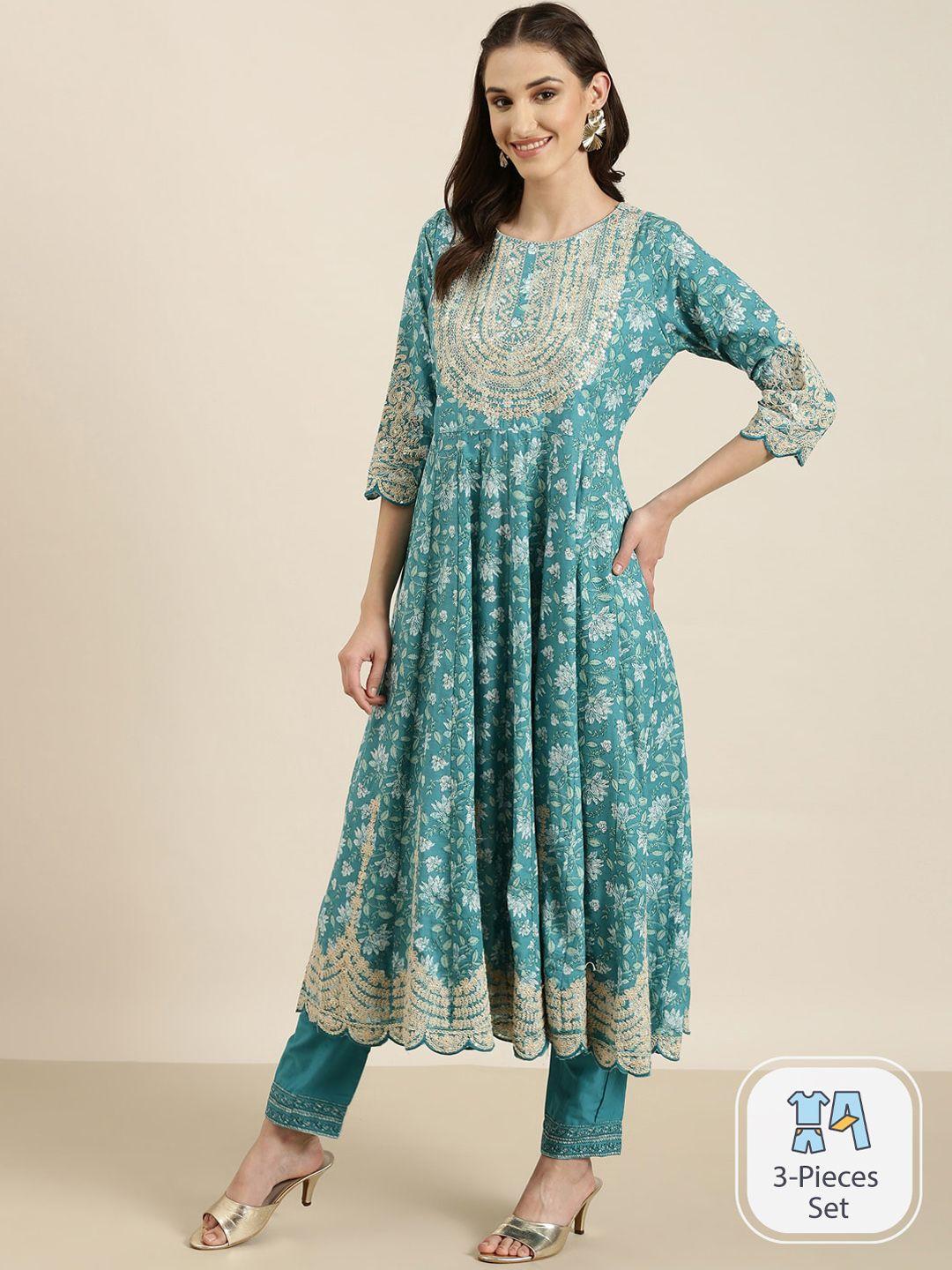 showoff floral printed empire thread work kurta with trousers & dupatta