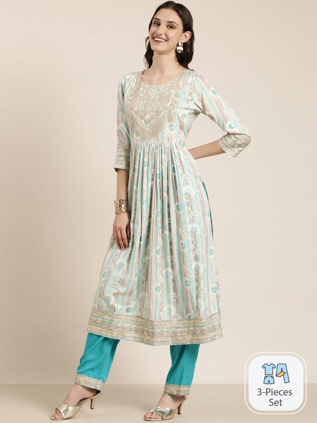 showoff floral printed empire thread work kurta with trousers & dupatta