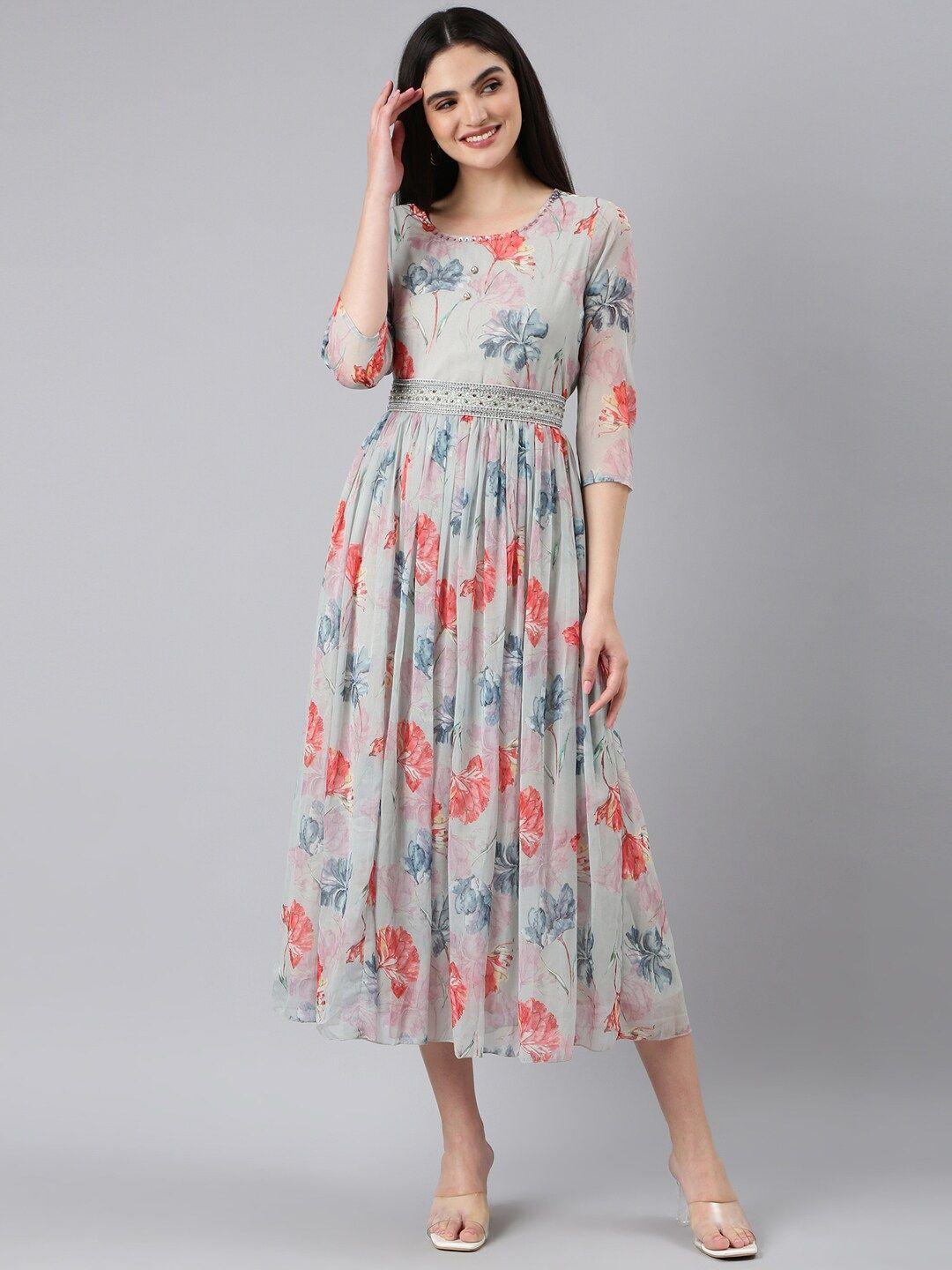 showoff floral printed fit & flare midi dress