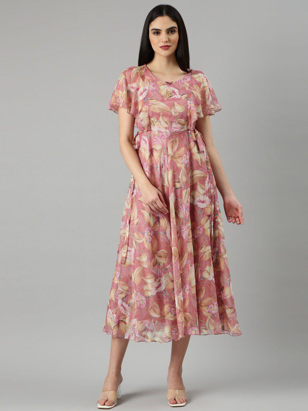 showoff floral printed flared sleeve chiffon fit & flare dress