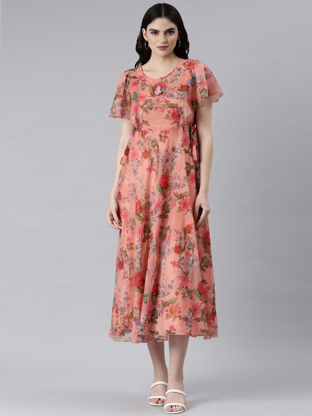 showoff floral printed flared sleeve fit & flare midi dress