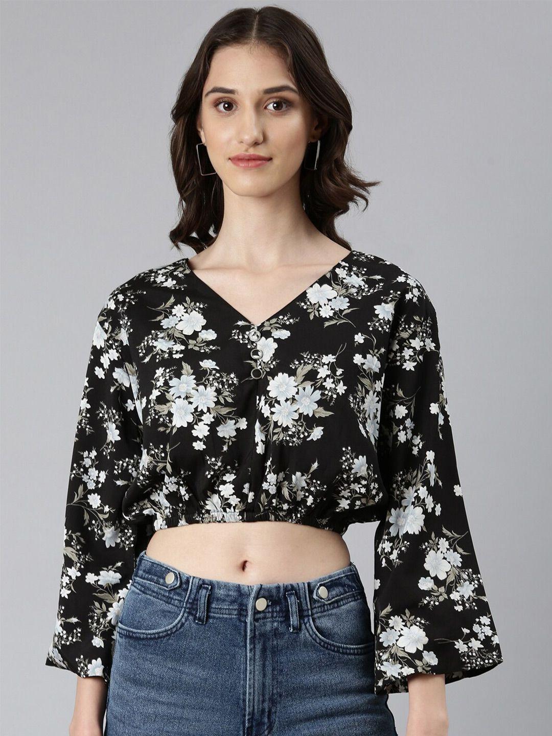 showoff floral printed flared sleeves blouson crop top