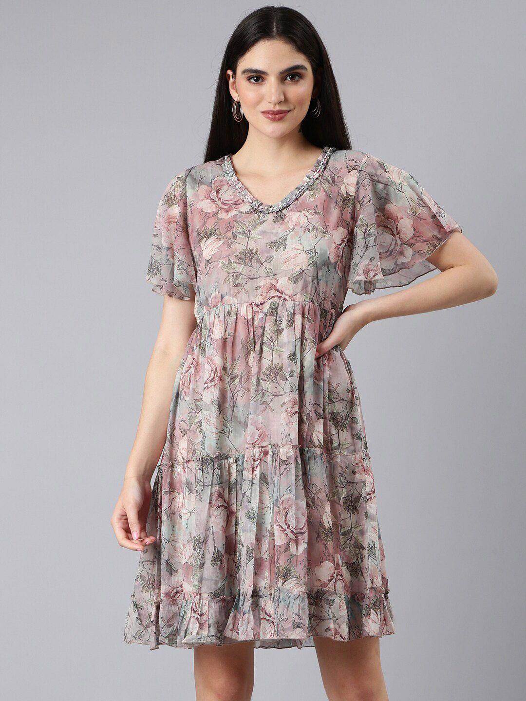 showoff floral printed flutter sleeve tiered fit & flare dress