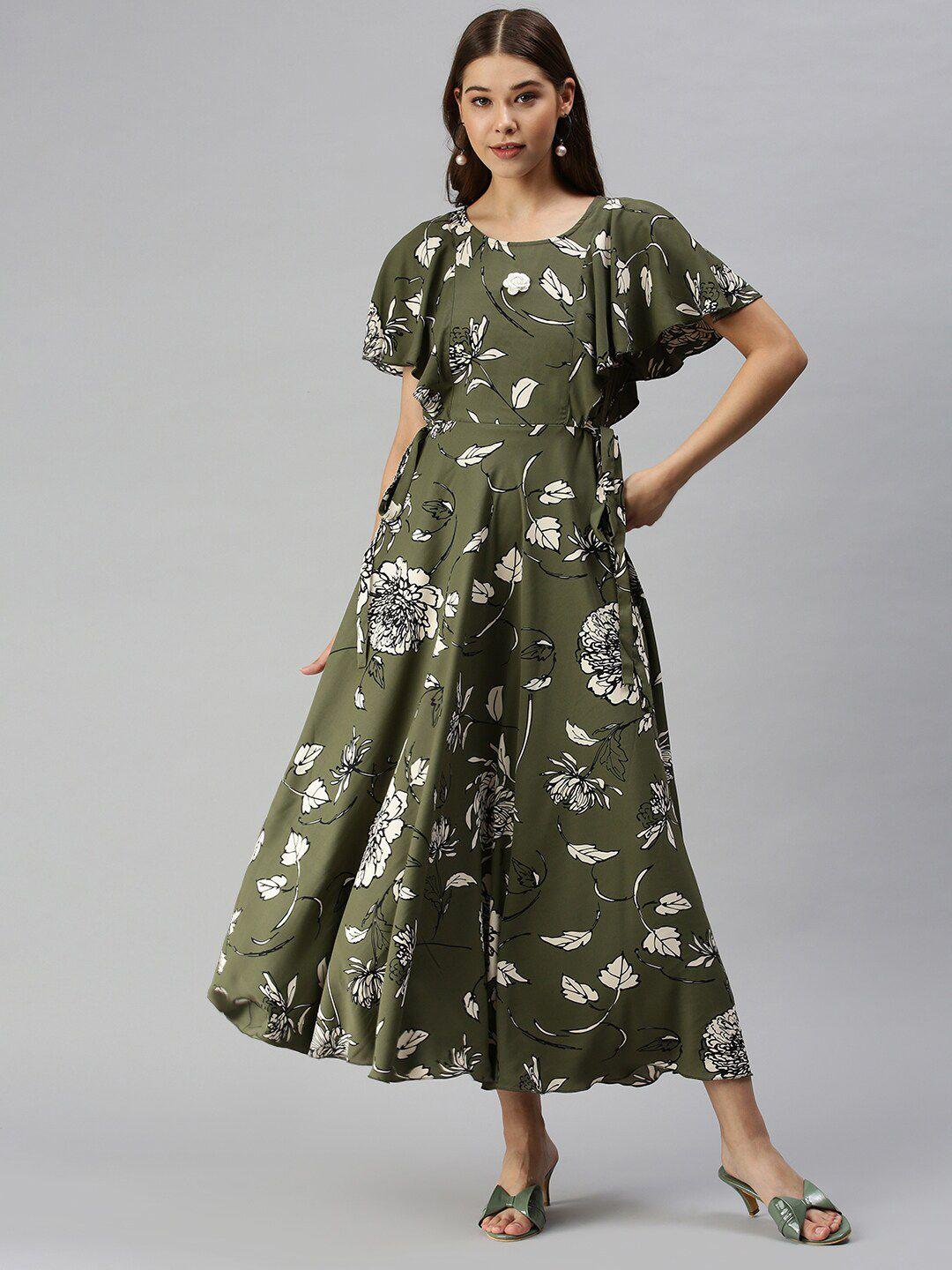 showoff floral printed flutter sleeves fit & flare midi dress