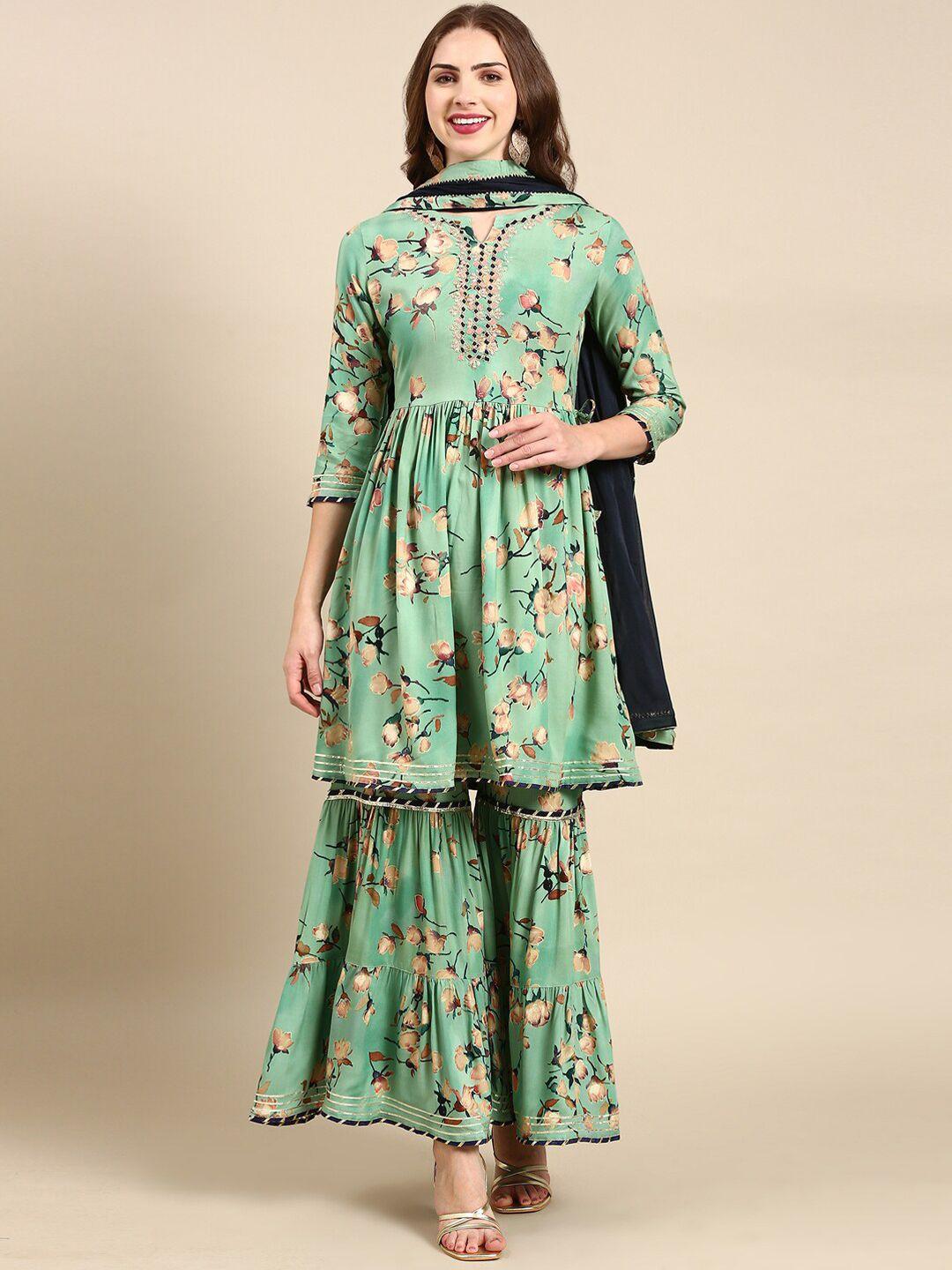 showoff floral printed gotta patti kurta with sharara & dupatta