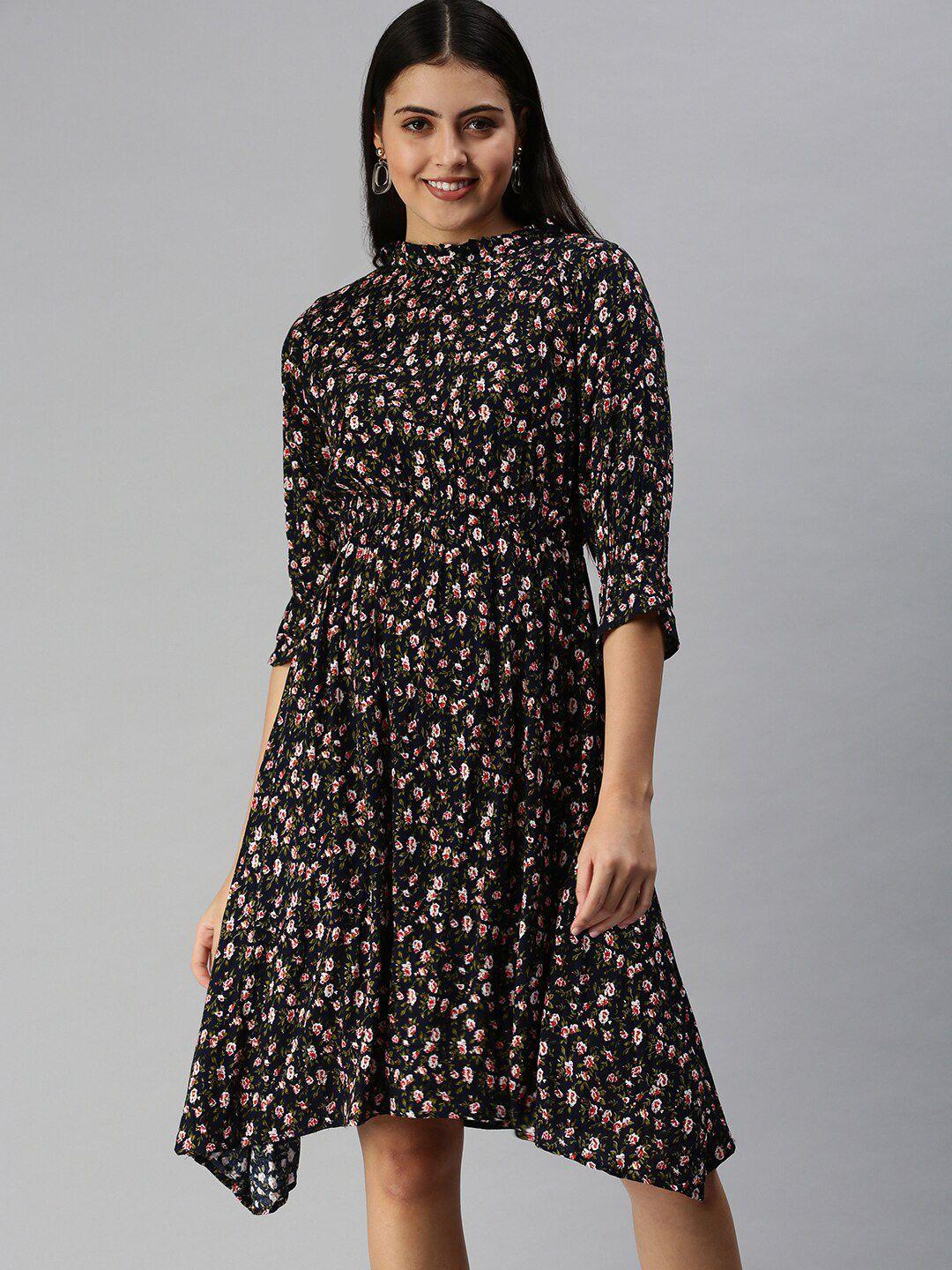 showoff floral printed high neck asymmetric a-line dress