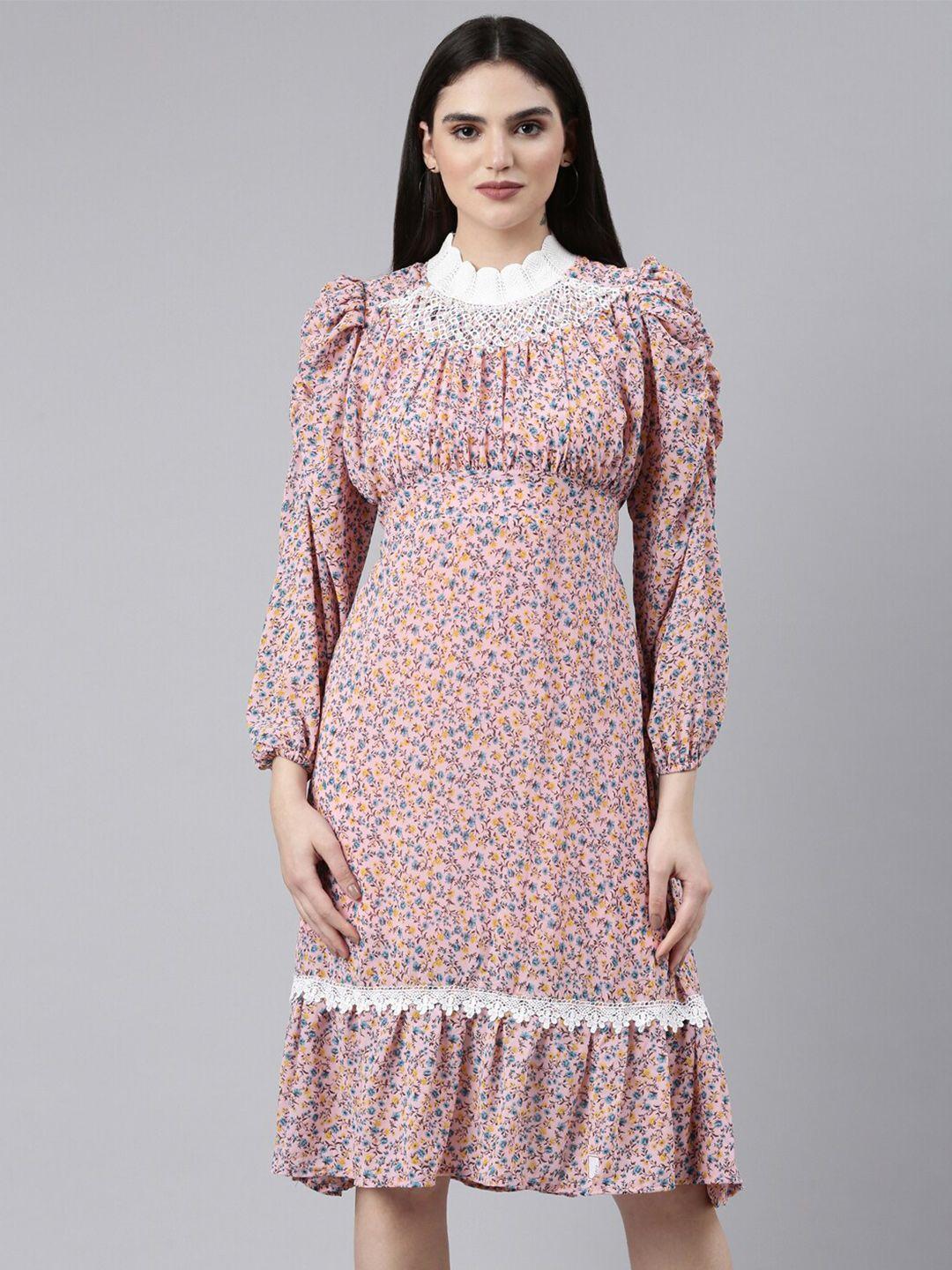 showoff floral printed high neck puff sleeves fit & flare dress