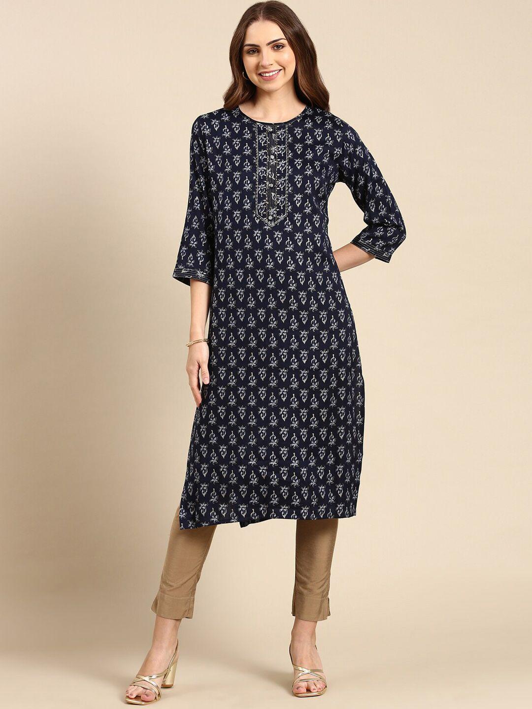 showoff floral printed indigo straight kurta