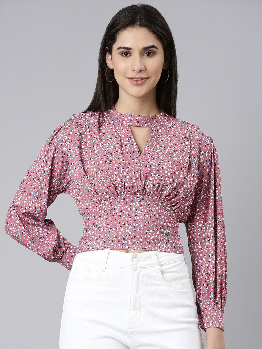 showoff floral printed keyhole neck puff sleeves cinched waist crop top