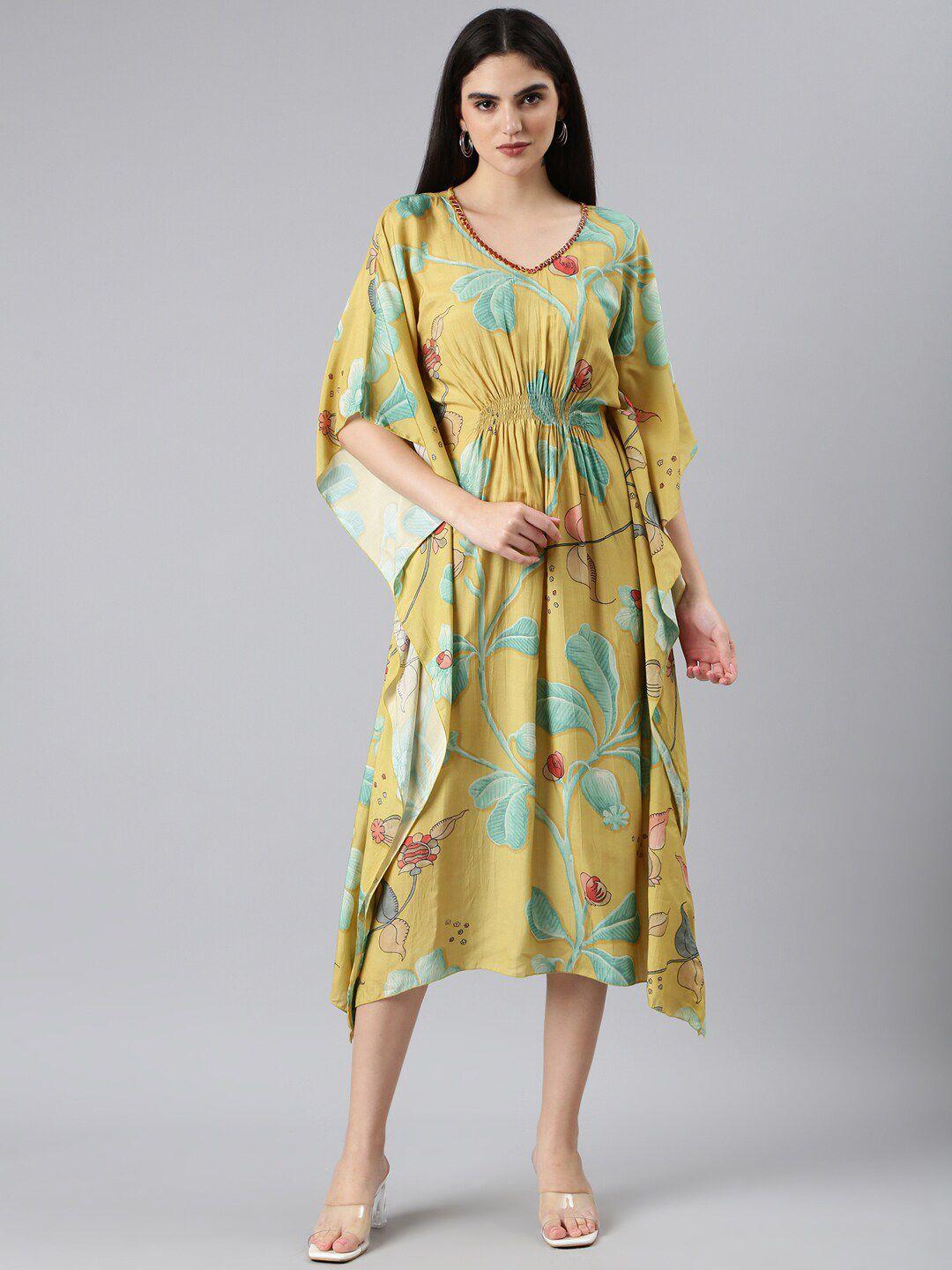 showoff floral printed kimono sleeve v-neck kaftan midi dress