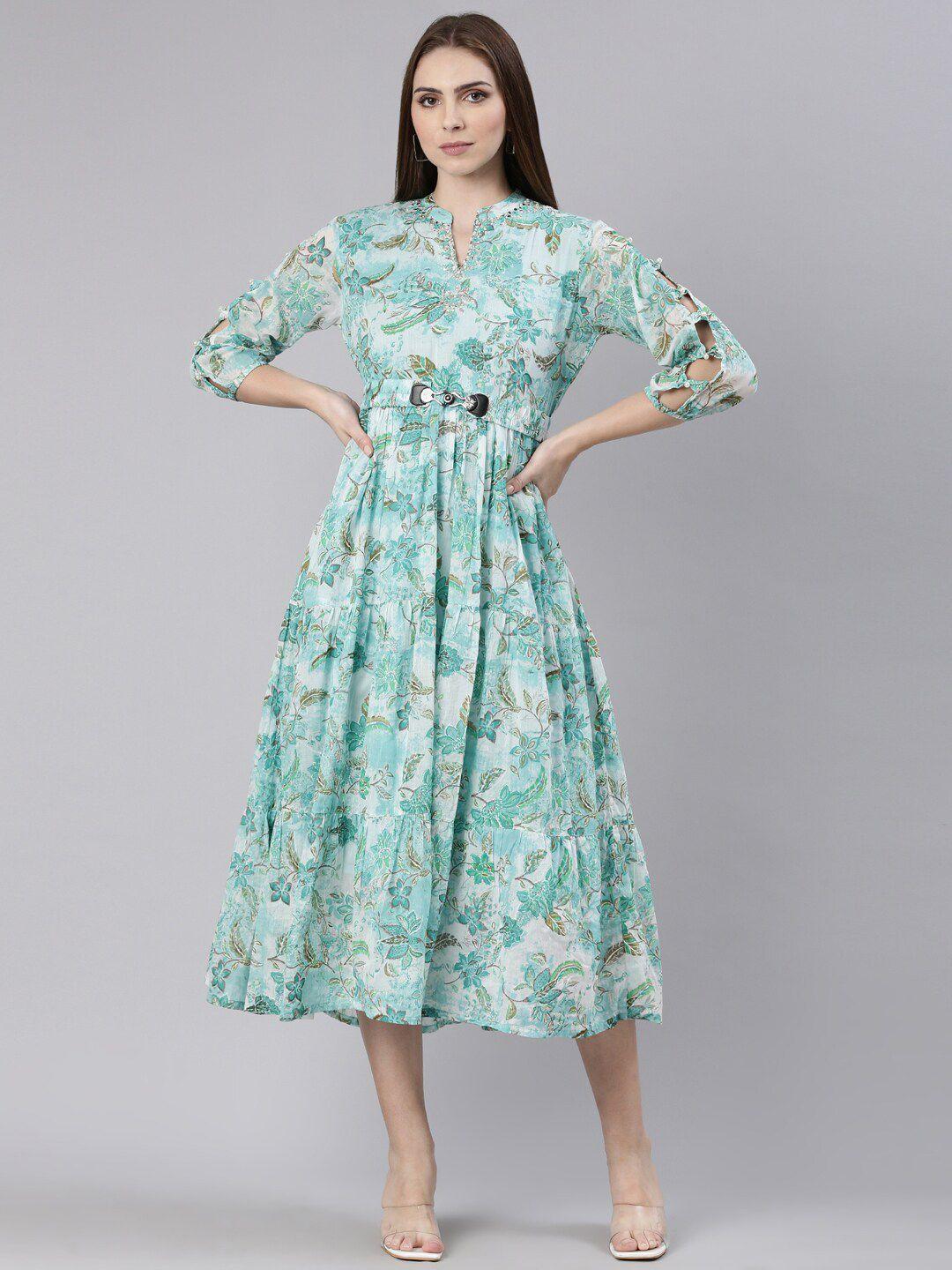 showoff floral printed mandarin collar cut out & belted fit & flare midi dress