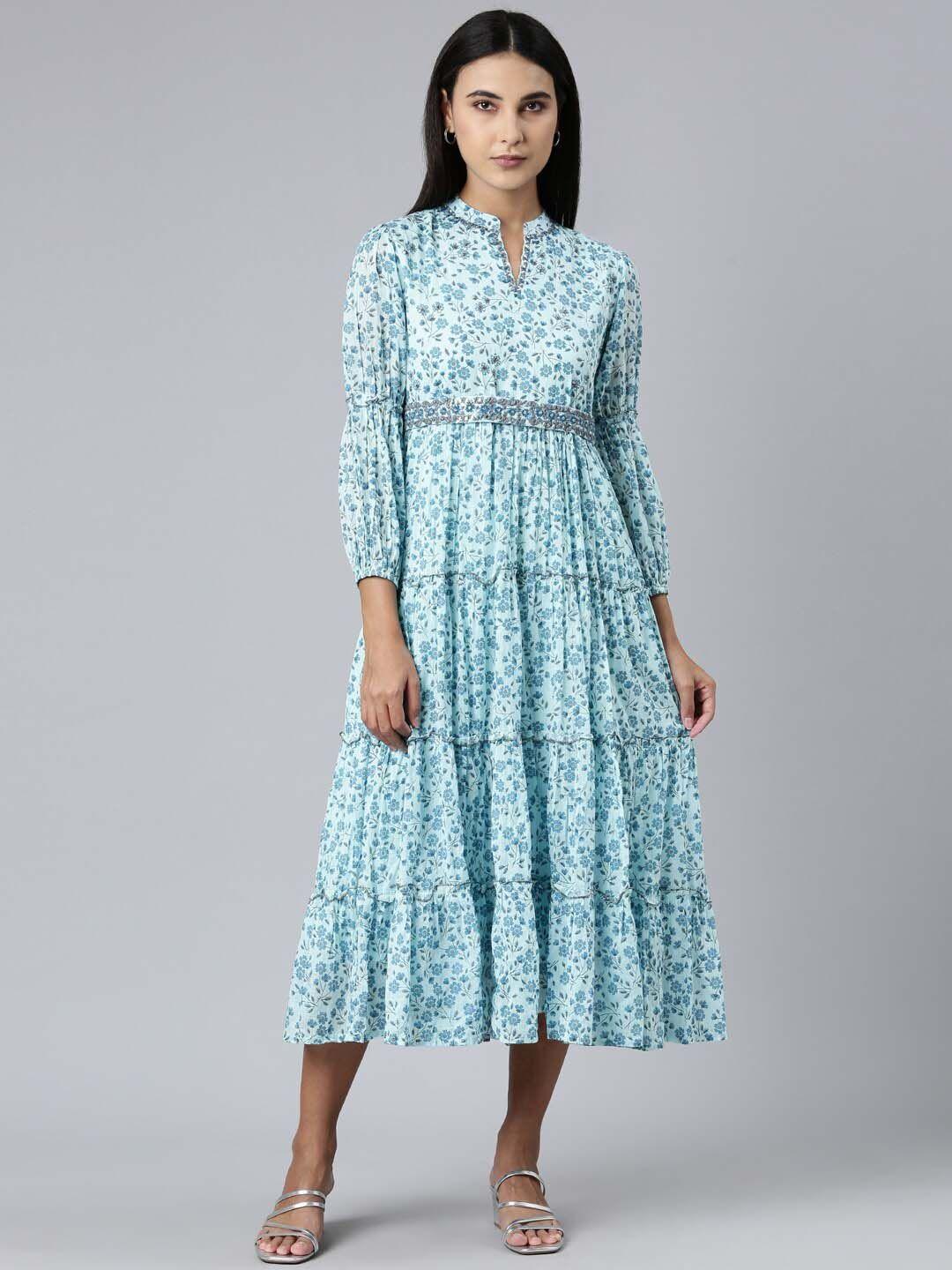showoff floral printed mandarin collar puff sleeve cotton fit and flare dress