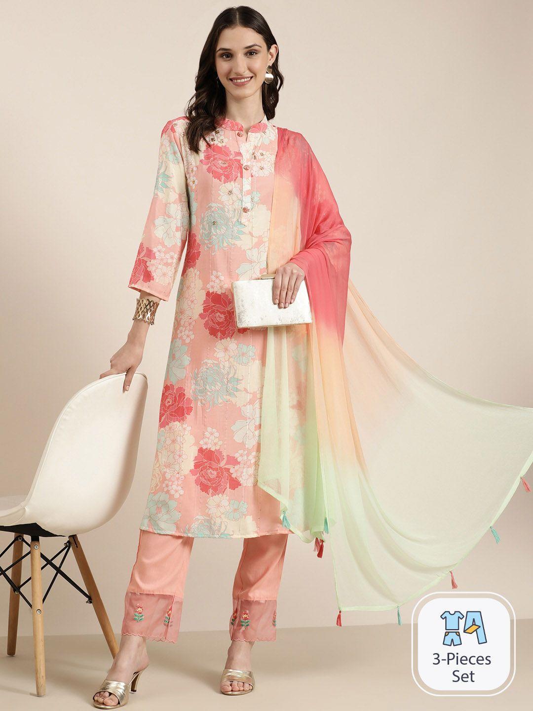 showoff floral printed mandarin collar straight stones kurta with trousers & dupatta