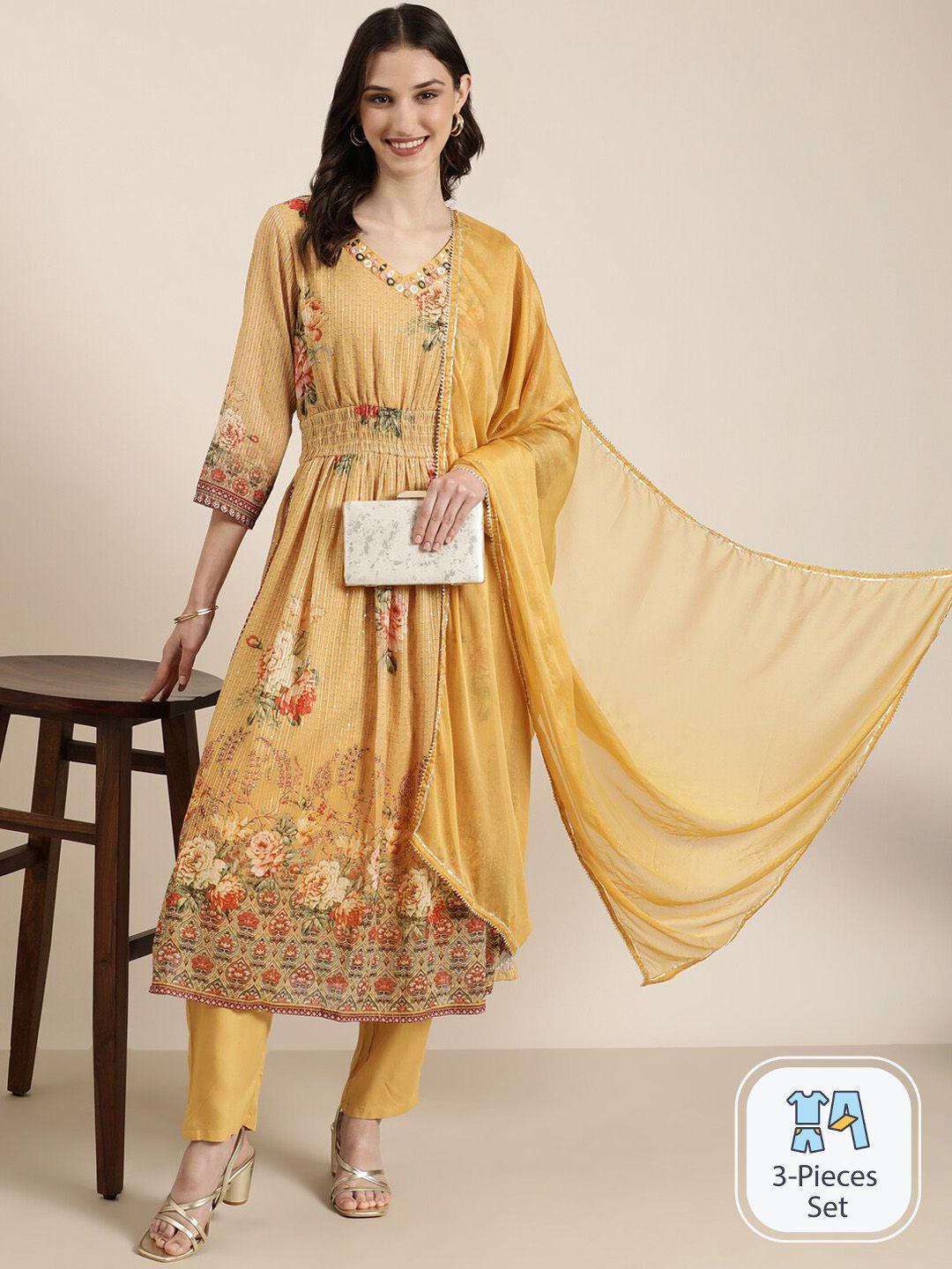 showoff floral printed mirror work georgette a line kurta with trousers & dupatta