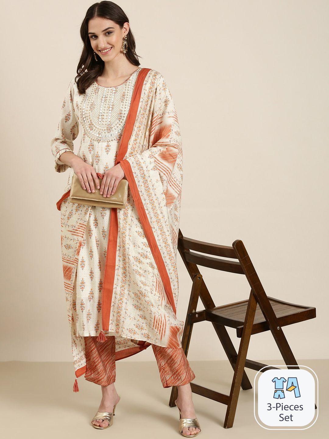 showoff floral printed mirror work kurta & trousers with dupatta