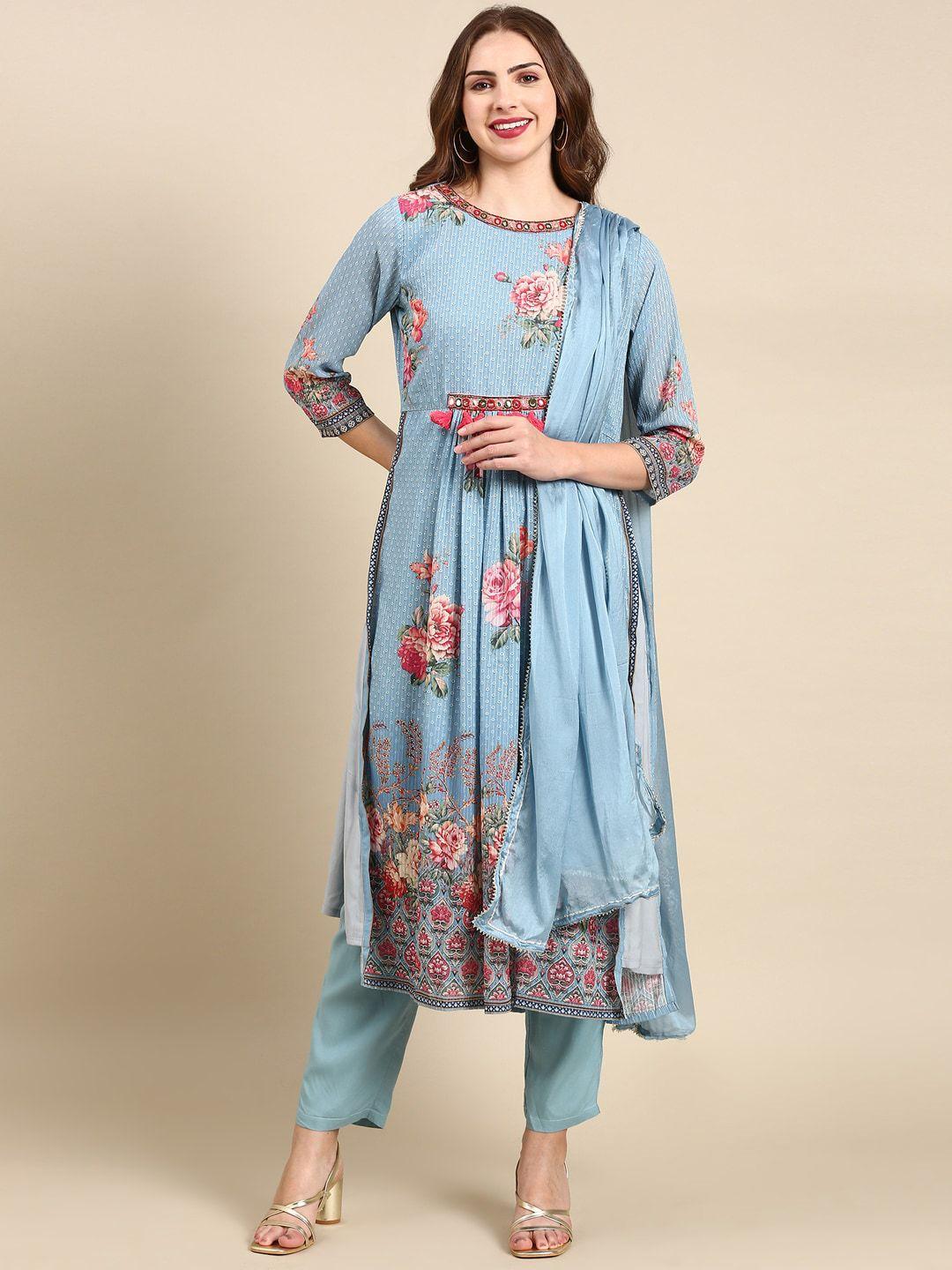 showoff floral printed mirror work kurta with trousers & dupatta